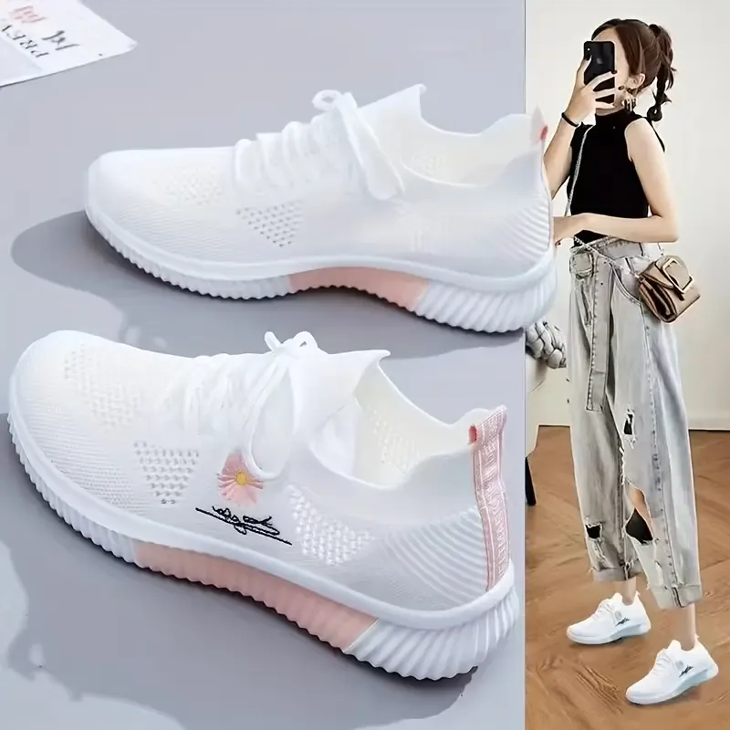 Breathable & Stylish Women's Running Shoes - Soft Sole, Lightweight, Mesh Upper with Floral Embroidery, Casual Outdoor Sports Footwear in White, Ladies Sneakers