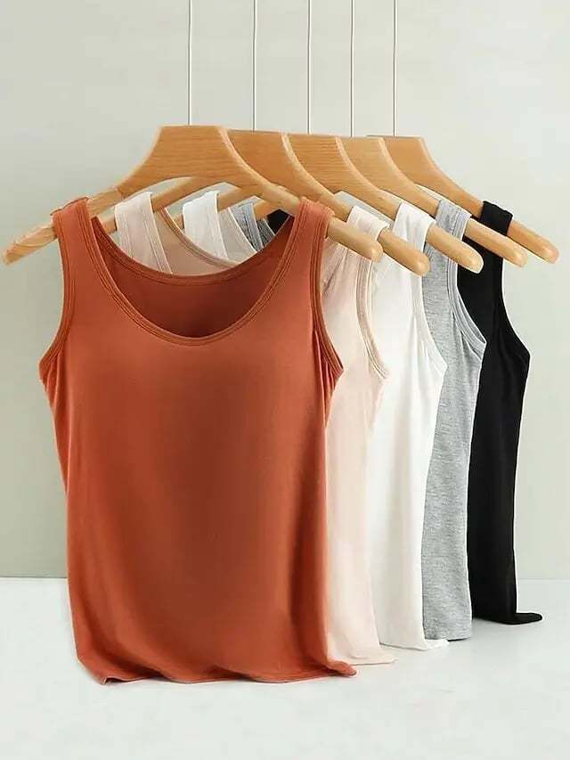 Women's Tank Top with Built-In Bra, Sleeveless Casual Basic Round Neck Regular