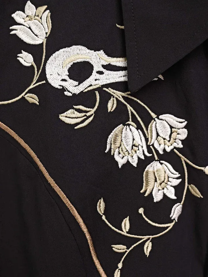 【Embroidery】Flower And Raven Skull - 100% Cotton Shirt