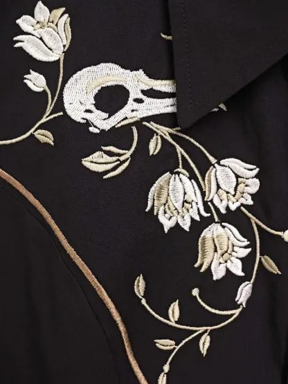 【Embroidery】Flower And Raven Skull - 100% Cotton Shirt