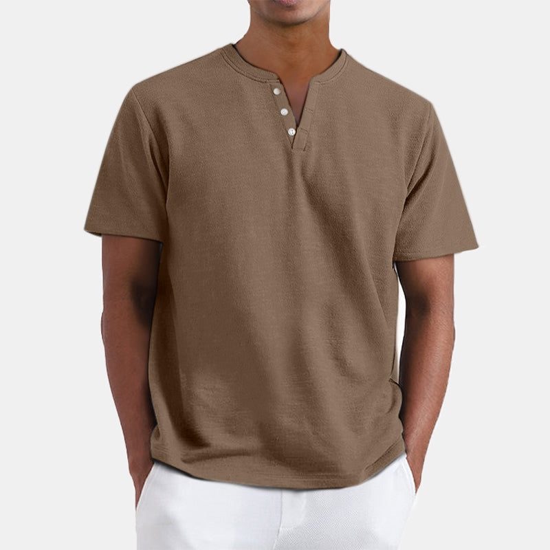 Men's Summer Solid Color Henley Short Sleeve T-shirt