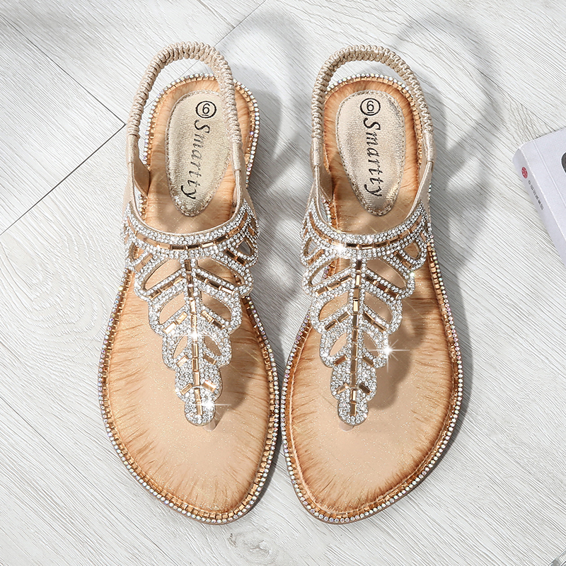 T-strap Leaf Rhinestone Flats Sandals