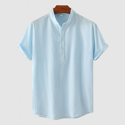 Men's Stand Collar Cotton Linen Short Sleeve Shirt