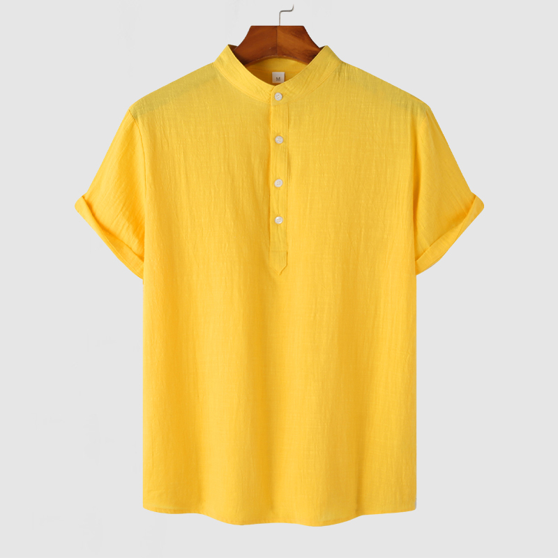 Men's Stand Collar Cotton Linen Short Sleeve Shirt