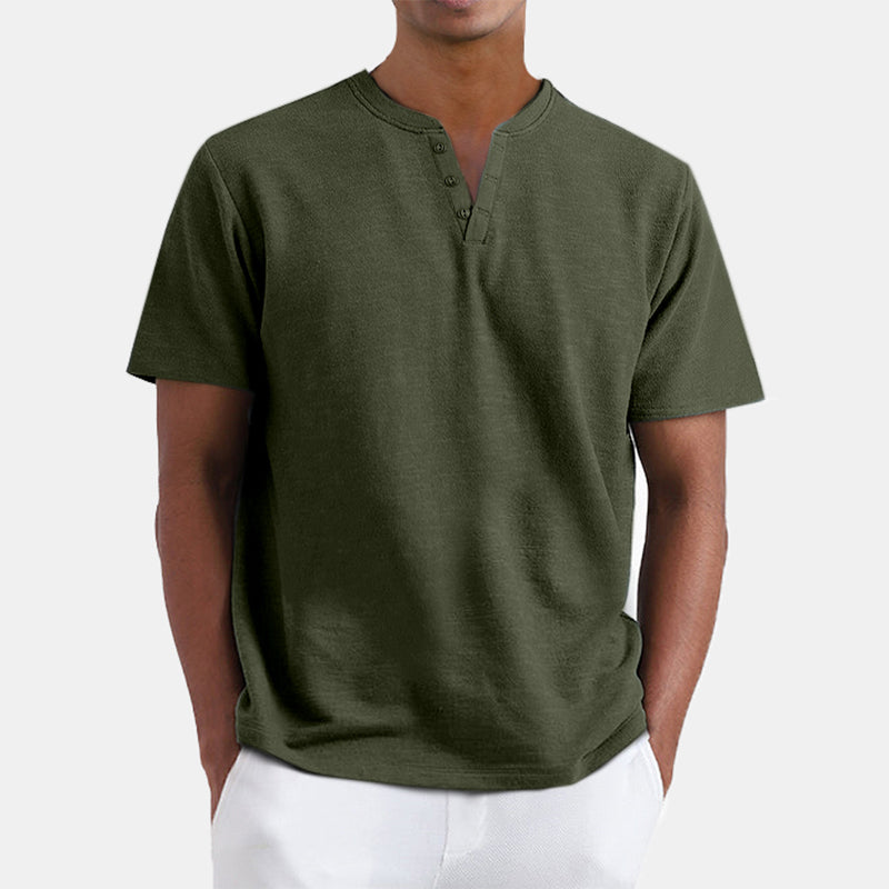 Men's Summer Solid Color Henley Short Sleeve T-shirt