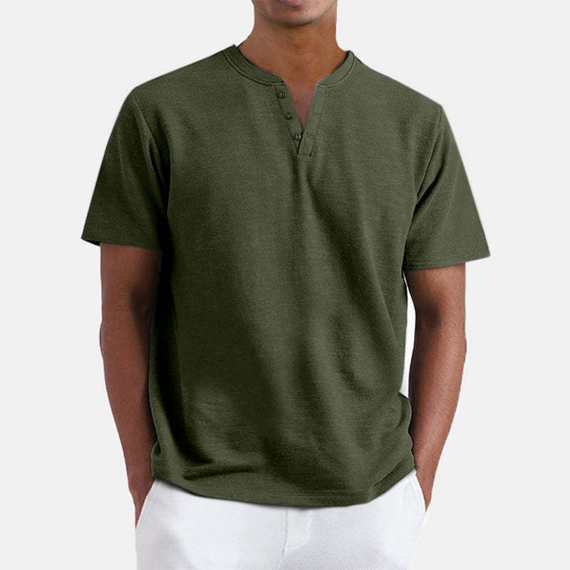 Men's Summer Solid Color Henley Short Sleeve T-shirt