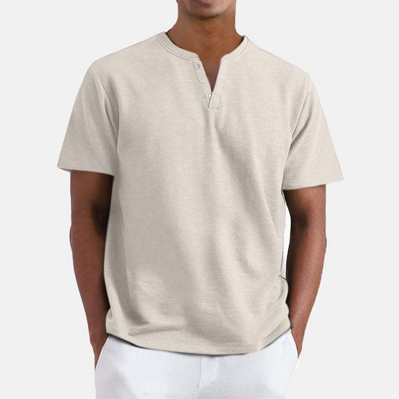 Men's Summer Solid Color Henley Short Sleeve T-shirt