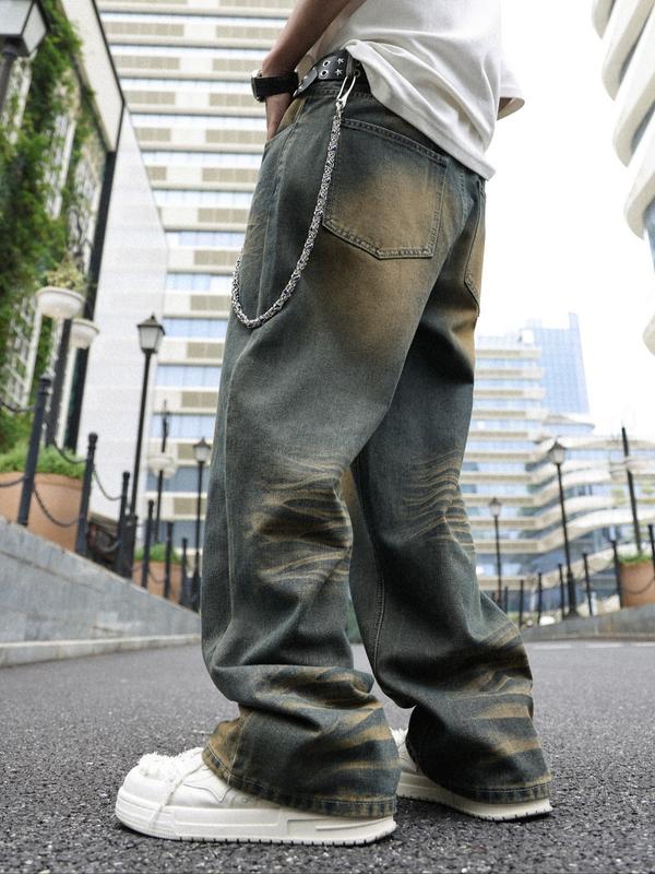 Men's Solid Color Denim Jeans, Loose Casual Comfy Wide Leg Trousers for Daily Wear, Woven Bottoms for All Seasons