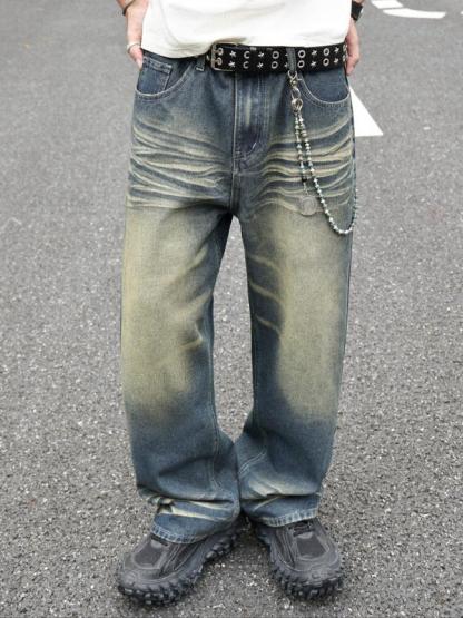 Men's Solid Color Denim Jeans, Loose Casual Comfy Wide Leg Trousers for Daily Wear, Woven Bottoms for All Seasons