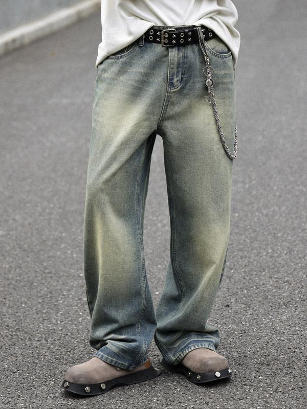 Men's Solid Color Denim Jeans, Loose Casual Comfy Wide Leg Trousers for Daily Wear, Woven Bottoms for All Seasons