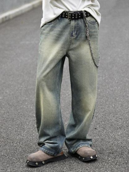 Men's Solid Color Denim Jeans, Loose Casual Comfy Wide Leg Trousers for Daily Wear, Woven Bottoms for All Seasons
