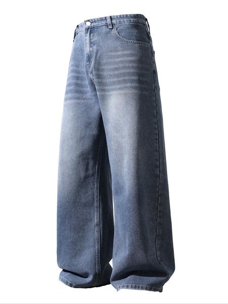 Men's Solid Color Denim Jeans, Loose Casual Comfy Wide Leg Trousers for Daily Wear, Woven Bottoms for All Seasons