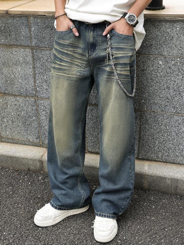 Men's Solid Color Denim Jeans, Loose Casual Comfy Wide Leg Trousers for Daily Wear, Woven Bottoms for All Seasons