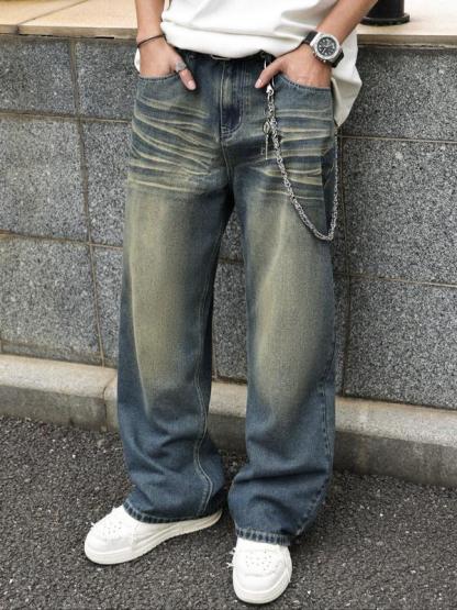 Men's Solid Color Denim Jeans, Loose Casual Comfy Wide Leg Trousers for Daily Wear, Woven Bottoms for All Seasons