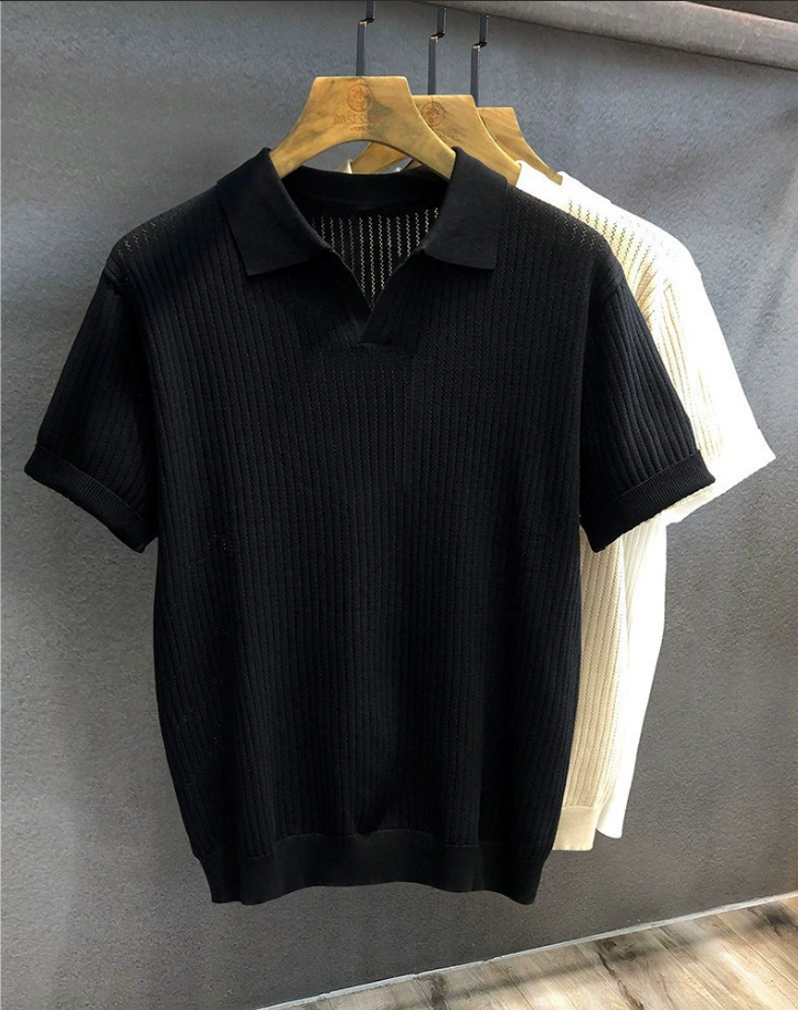 Men's Hollow Vertical Stripe Knit Polo Short Sleeve