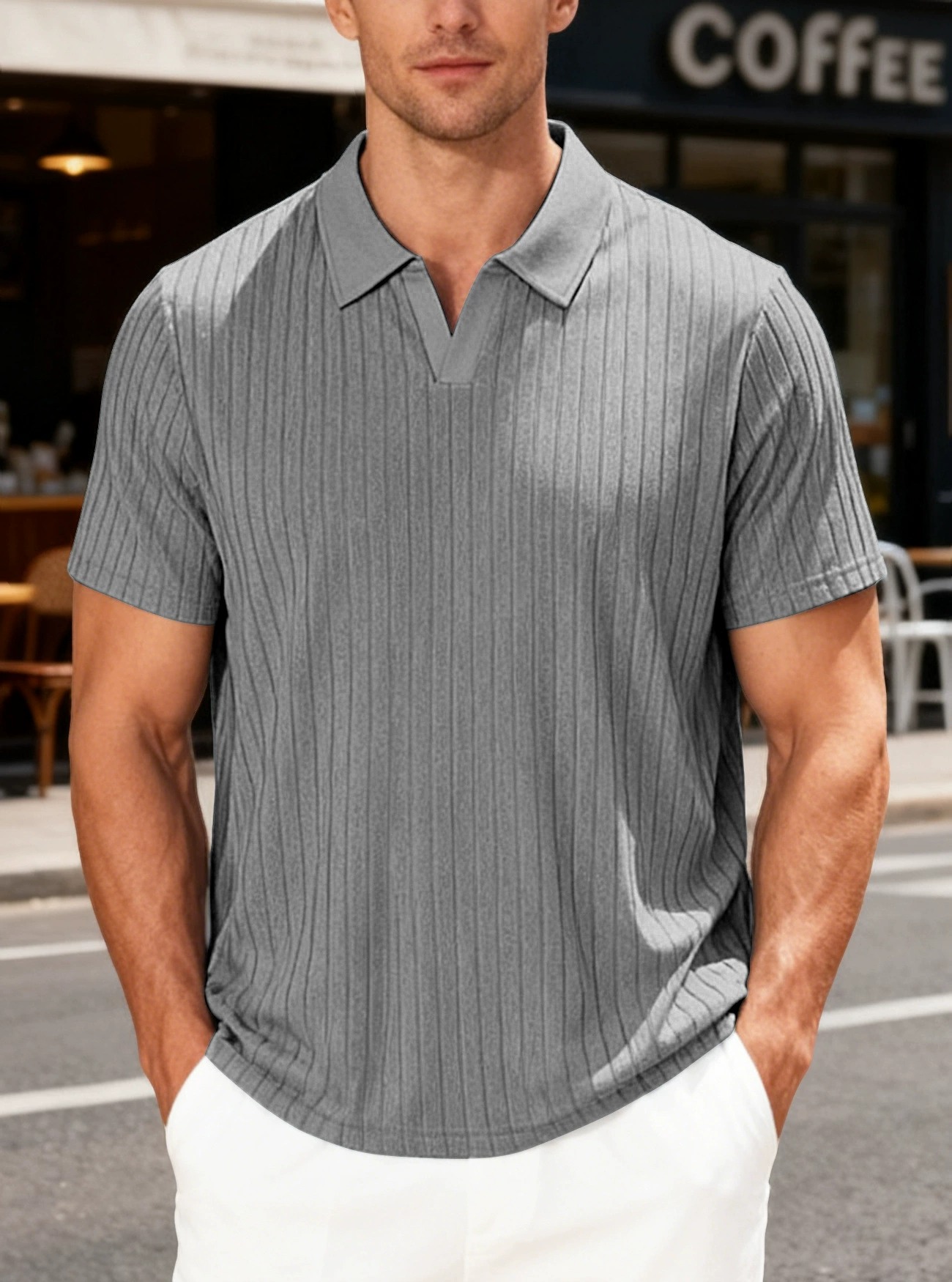 Men's Vertical Rib V-Neck Short Sleeve Polo Shirt
