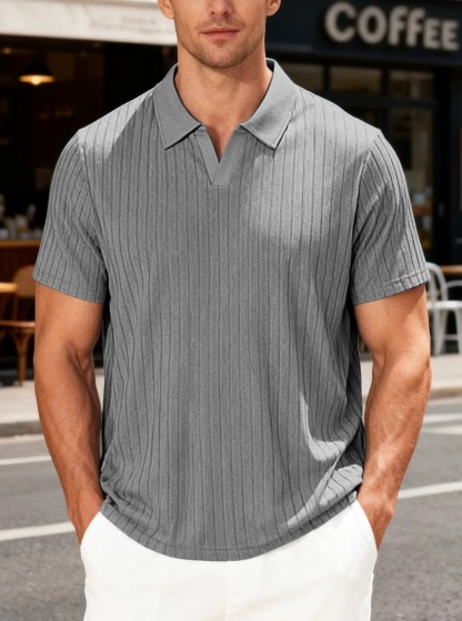 Men's Vertical Rib V-Neck Short Sleeve Polo Shirt
