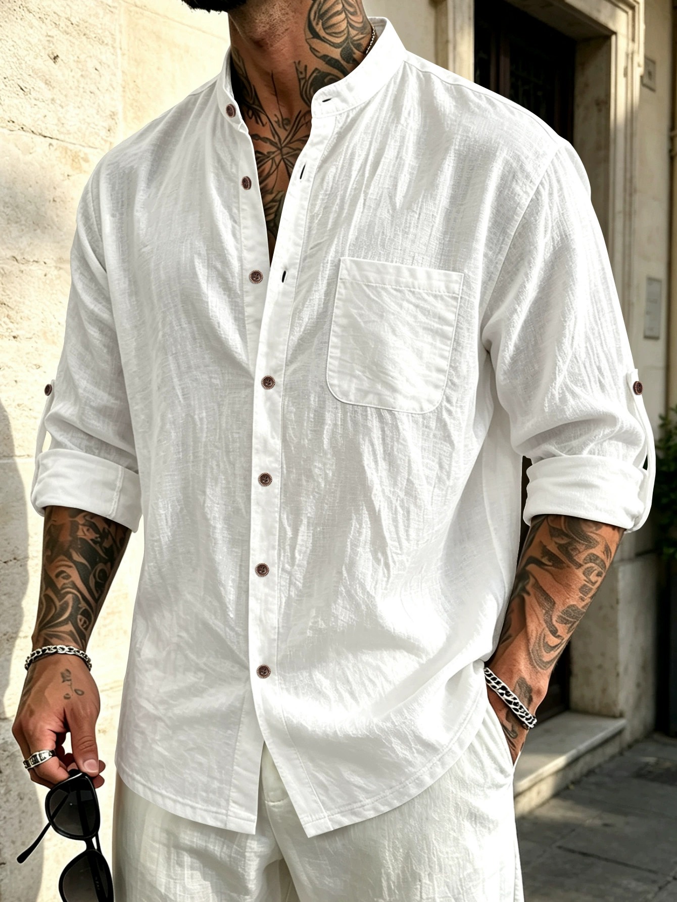 ✨Men's Stand Collar Linen-Cotton Long Sleeve Shirt