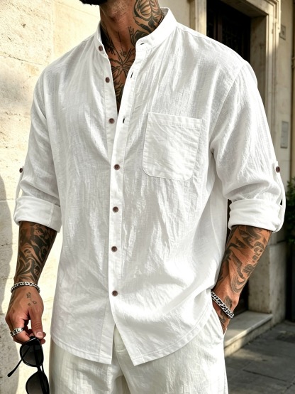 ✨Men's Stand Collar Linen-Cotton Long Sleeve Shirt