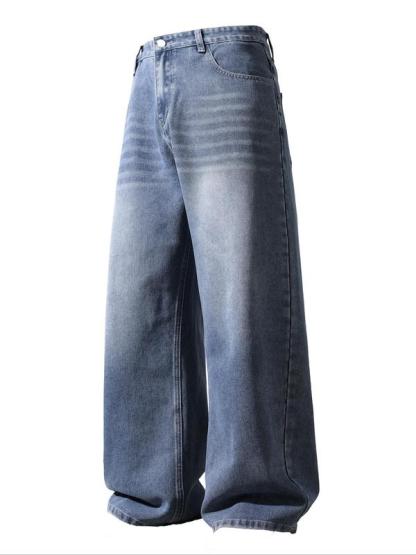 Men's Solid Color Denim Jeans, Loose Casual Comfy Wide Leg Trousers for Daily Wear, Woven Bottoms for All Seasons