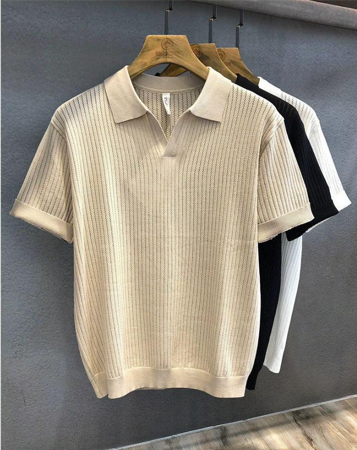 Men's Hollow Vertical Stripe Knit Polo Short Sleeve