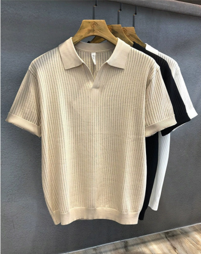 Men's Hollow Vertical Stripe Knit Polo Short Sleeve