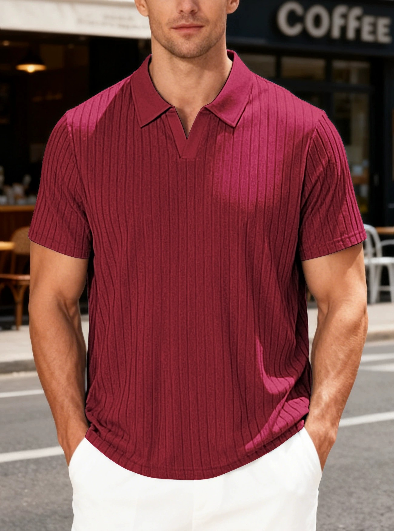 Men's Vertical Rib V-Neck Short Sleeve Polo Shirt