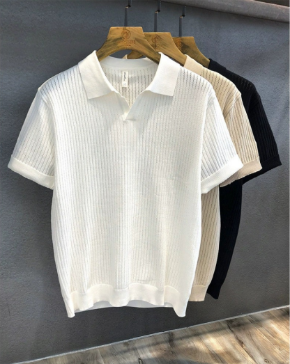 Men's Hollow Vertical Stripe Knit Polo Short Sleeve