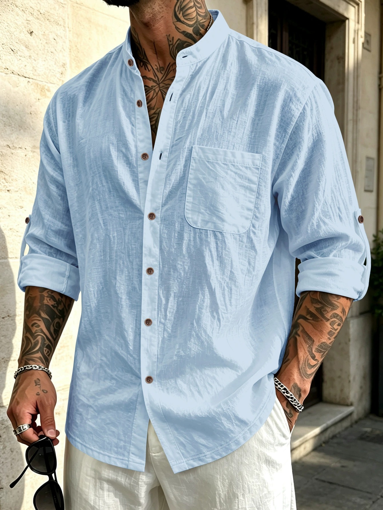 ✨Men's Stand Collar Linen-Cotton Long Sleeve Shirt