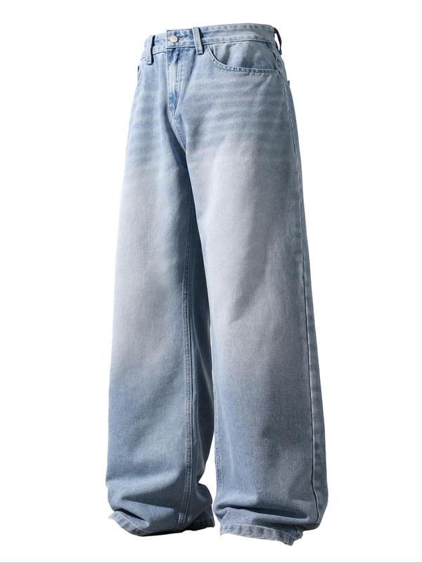 Men's Solid Color Denim Jeans, Loose Casual Comfy Wide Leg Trousers for Daily Wear, Woven Bottoms for All Seasons