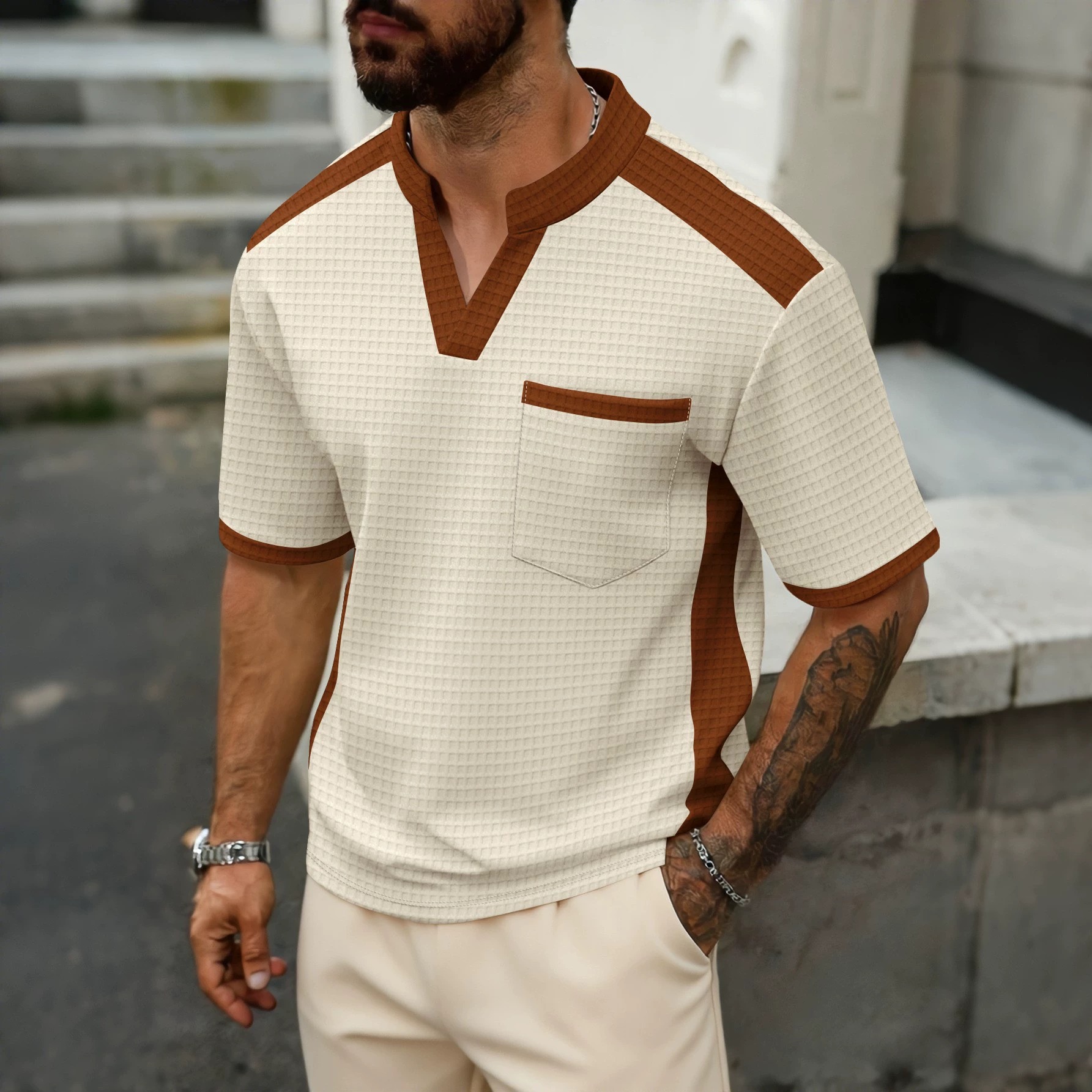 Men's Waffle Color Block Short Sleeve T-Shirt