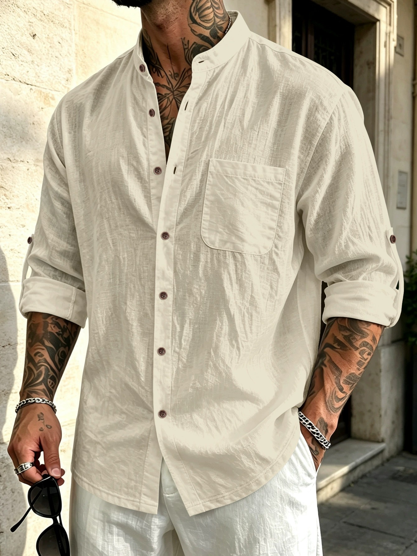 ✨Men's Stand Collar Linen-Cotton Long Sleeve Shirt