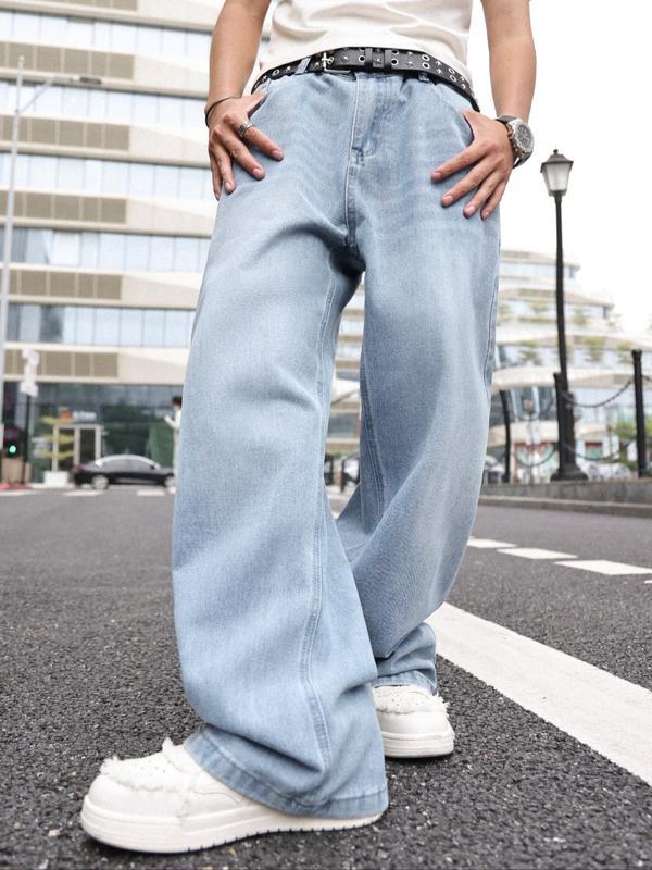 Men's Solid Color Denim Jeans, Loose Casual Comfy Wide Leg Trousers for Daily Wear, Woven Bottoms for All Seasons