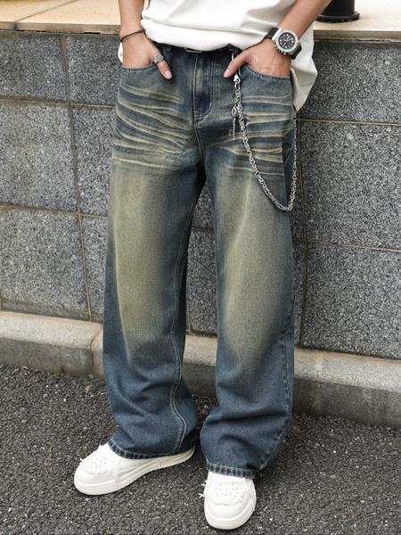 Men's Solid Color Denim Jeans, Loose Casual Comfy Wide Leg Trousers for Daily Wear, Woven Bottoms for All Seasons