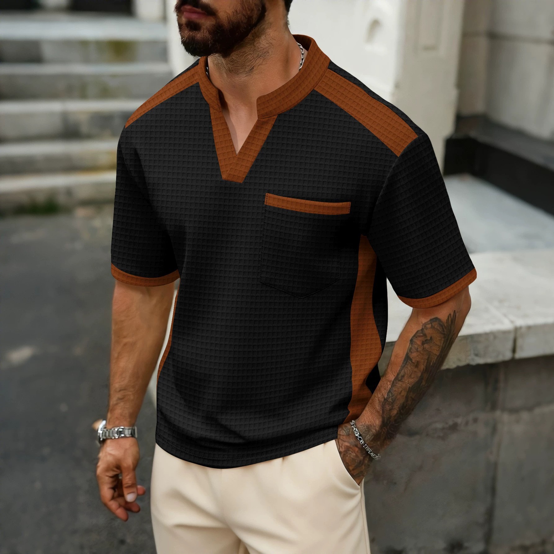 Men's Waffle Color Block Short Sleeve T-Shirt