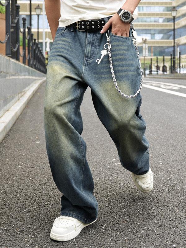 Men's Solid Color Denim Jeans, Loose Casual Comfy Wide Leg Trousers for Daily Wear, Woven Bottoms for All Seasons