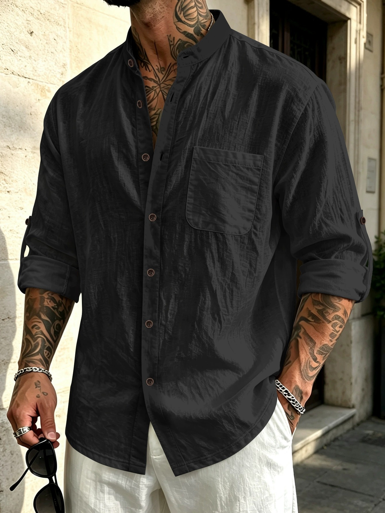 ✨Men's Stand Collar Linen-Cotton Long Sleeve Shirt