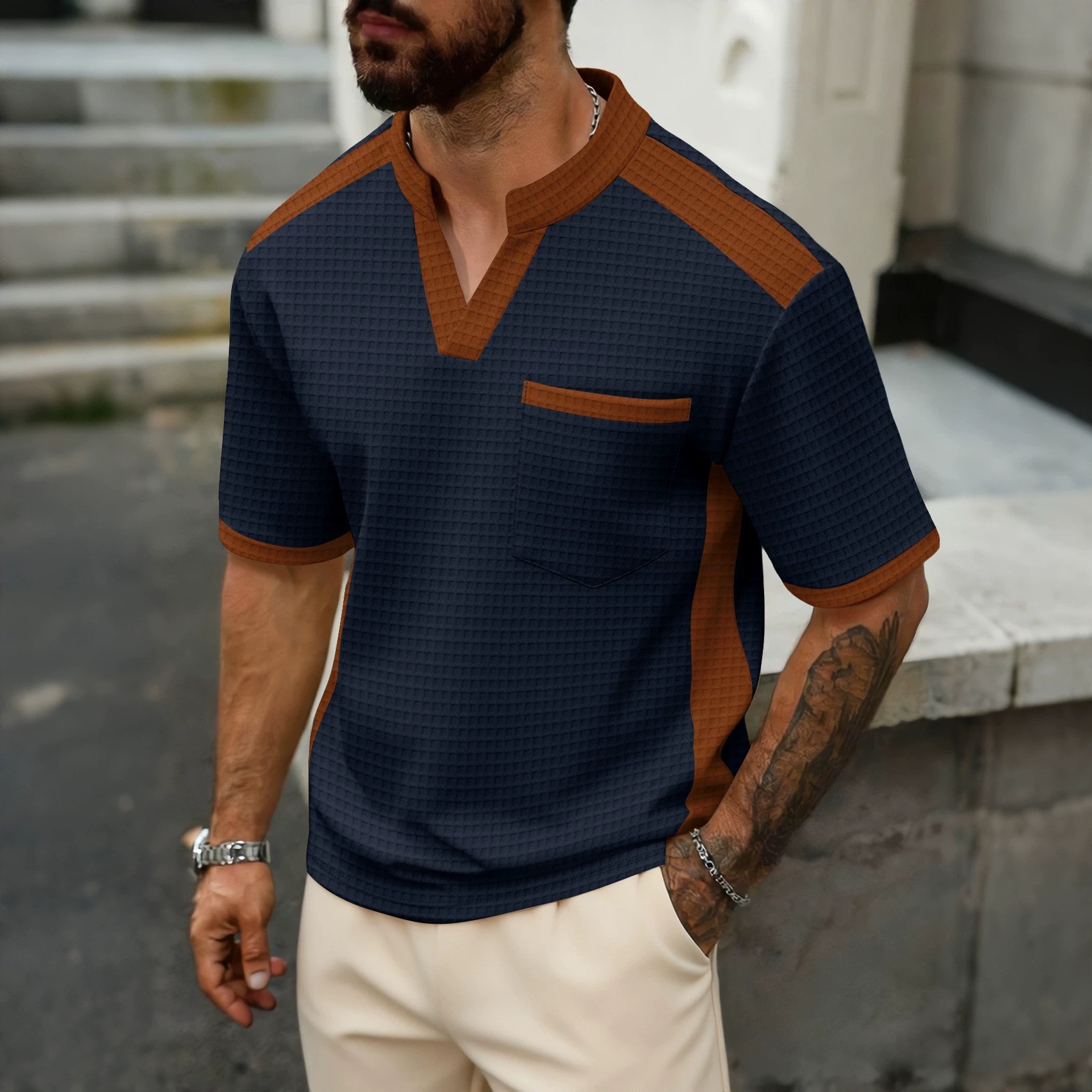Men's Waffle Color Block Short Sleeve T-Shirt