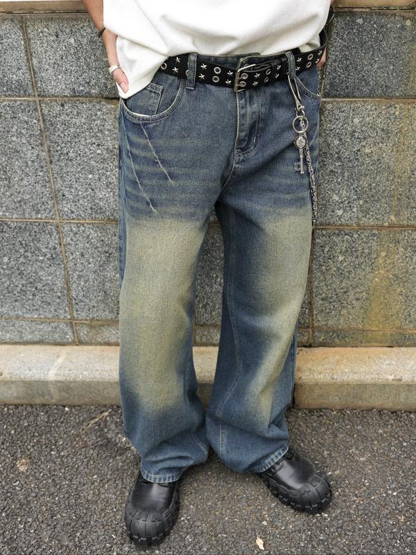 Men's Solid Color Denim Jeans, Loose Casual Comfy Wide Leg Trousers for Daily Wear, Woven Bottoms for All Seasons