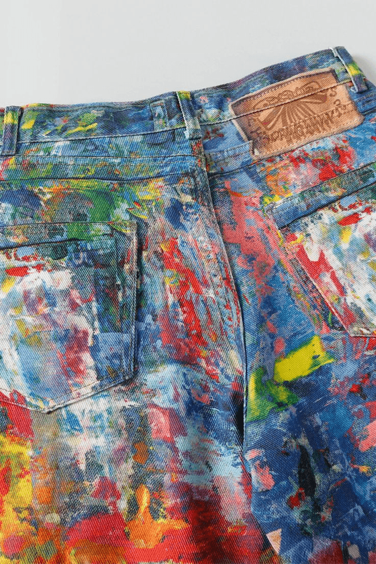 Unisex Colorblock Denim - Oil Painting Effect Relaxed Fit Pants
