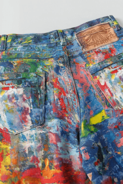 Unisex Colorblock Denim - Oil Painting Effect Relaxed Fit Pants