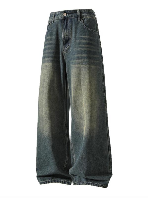 Men's Solid Color Denim Jeans, Loose Casual Comfy Wide Leg Trousers for Daily Wear, Woven Bottoms for All Seasons