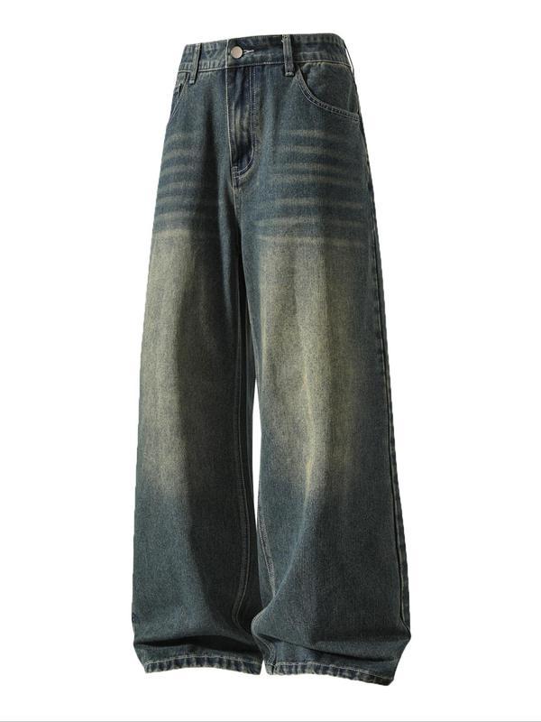 Men's Solid Color Denim Jeans, Loose Casual Comfy Wide Leg Trousers for Daily Wear, Woven Bottoms for All Seasons