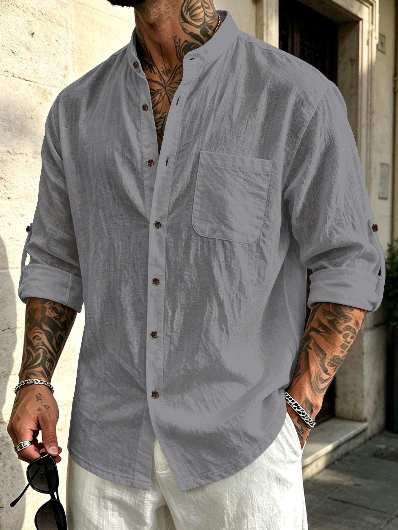 ✨Men's Stand Collar Linen-Cotton Long Sleeve Shirt