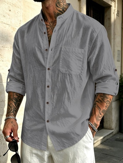 ✨Men's Stand Collar Linen-Cotton Long Sleeve Shirt