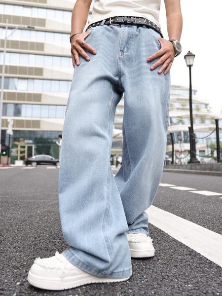 Men's Solid Color Denim Jeans, Loose Casual Comfy Wide Leg Trousers for Daily Wear, Woven Bottoms for All Seasons