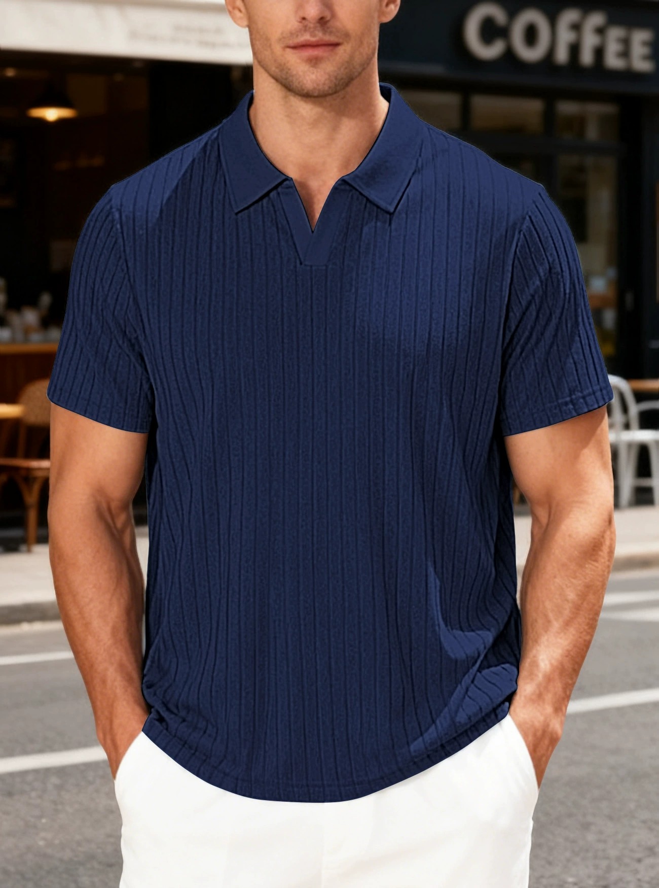Men's Vertical Rib V-Neck Short Sleeve Polo Shirt