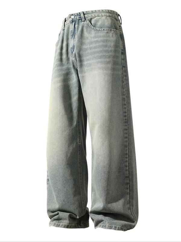Men's Solid Color Denim Jeans, Loose Casual Comfy Wide Leg Trousers for Daily Wear, Woven Bottoms for All Seasons