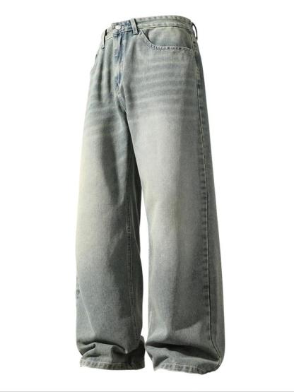 Men's Solid Color Denim Jeans, Loose Casual Comfy Wide Leg Trousers for Daily Wear, Woven Bottoms for All Seasons