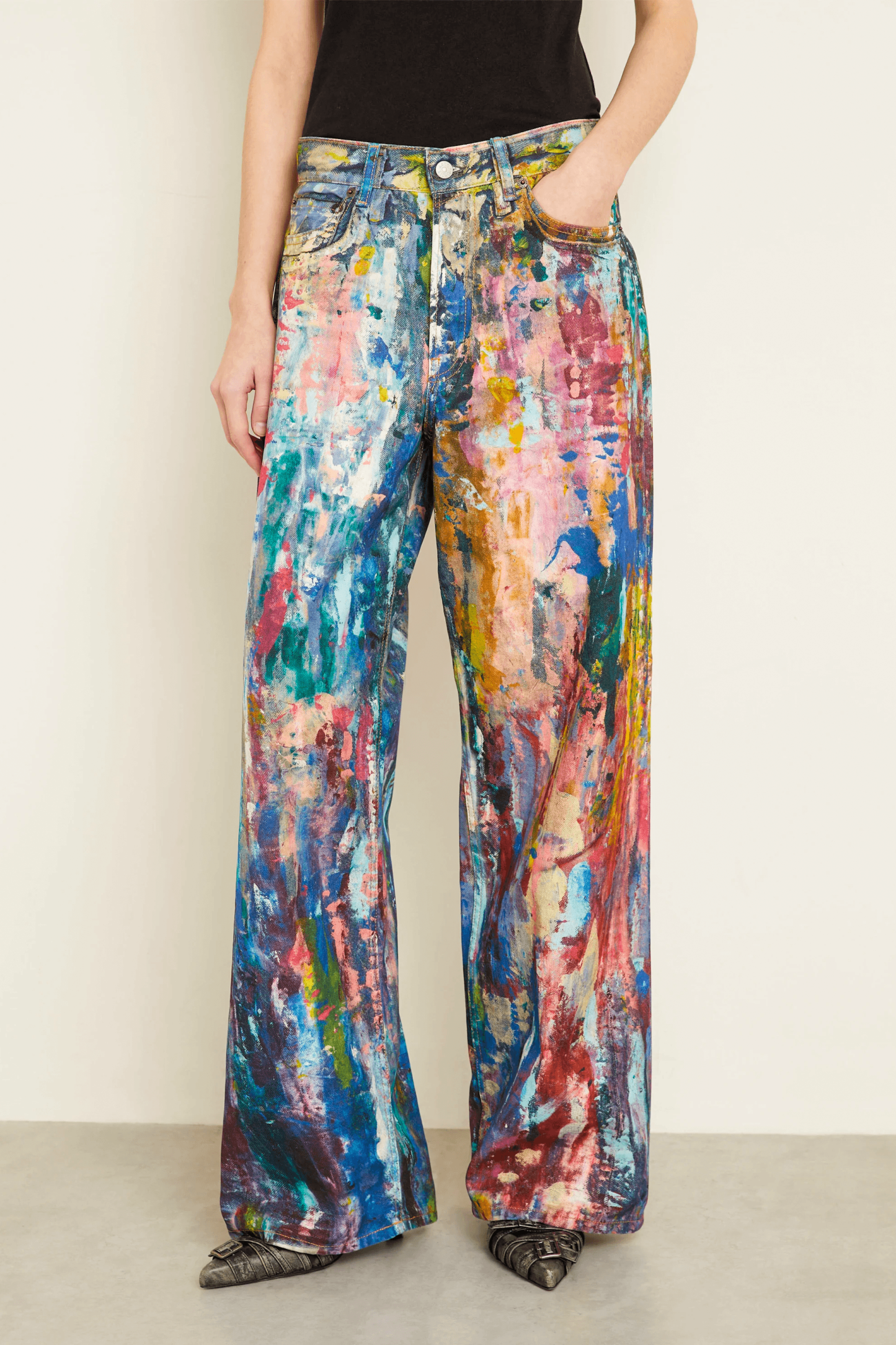 Unisex Colorblock Denim - Oil Painting Effect Relaxed Fit Pants